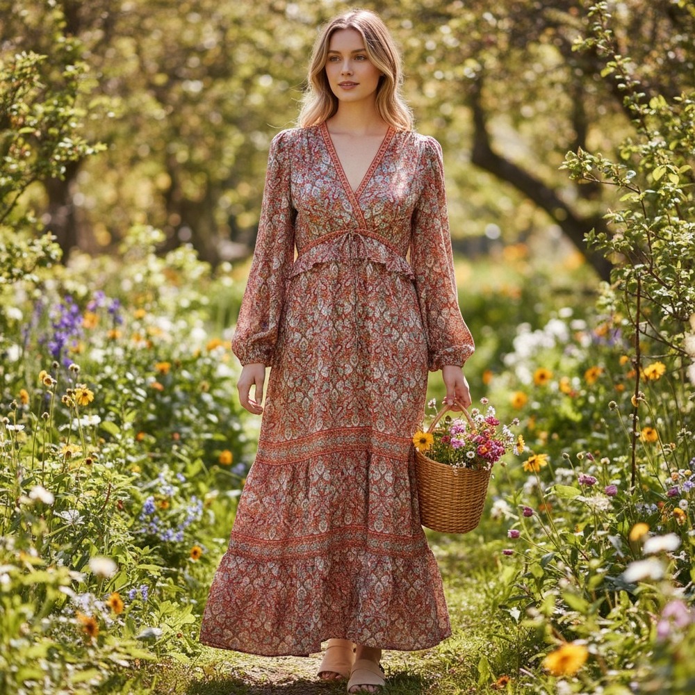 Max Studio London Dress Womens S Red Paisley Boho Tiered Maxi Long Sleeve